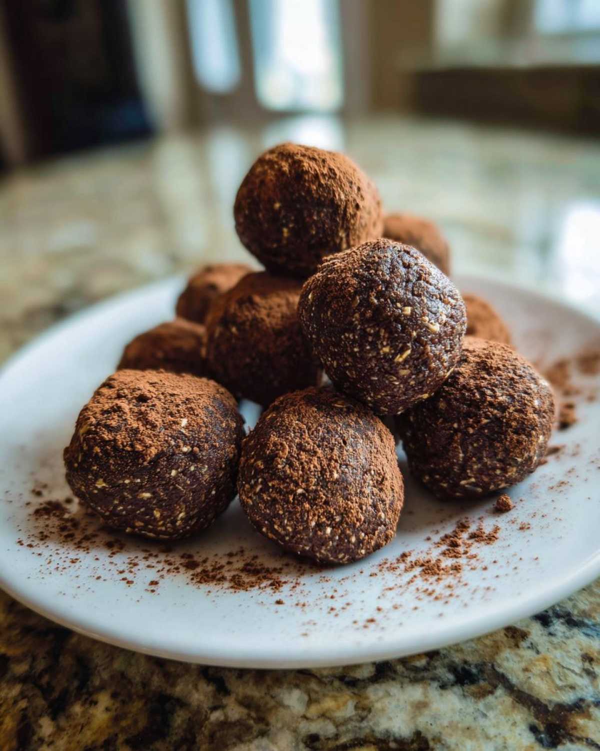 A stack of dark chocolate protein balls heavily dusted with cocoa powder resting on a white plate.