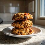 A stack of three thick, oatmeal-based breakfast cookie treats topped with dried fruit, sitting on a white plate.