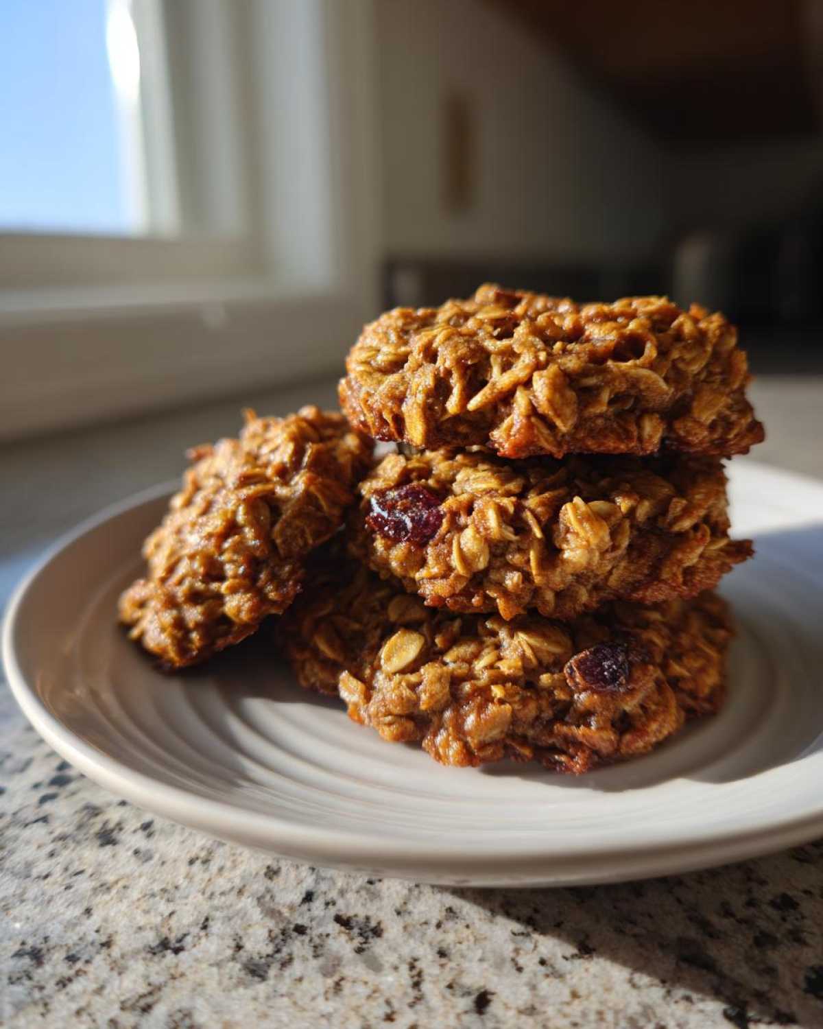 A stack of four golden brown oatmeal breakfast cookie studded with dried fruit, resting on a light plate.