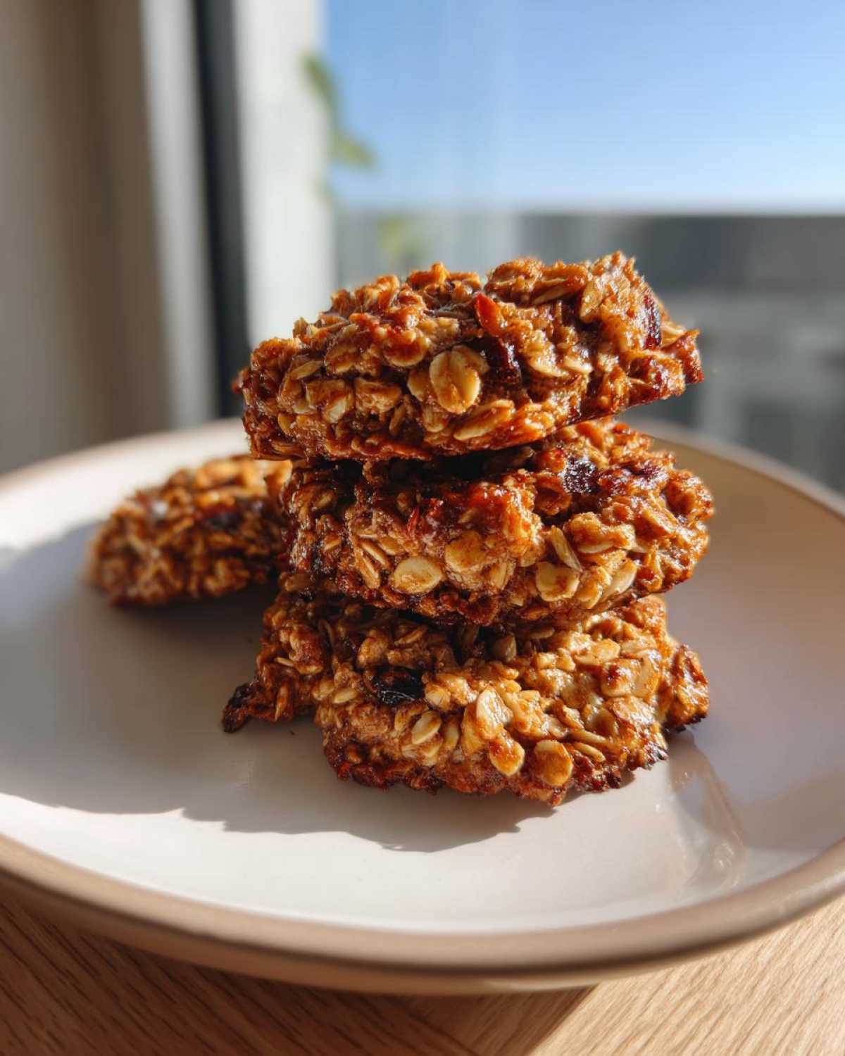 A stack of three chewy, golden brown breakfast cookie made with oats, sitting on a light plate near a window.