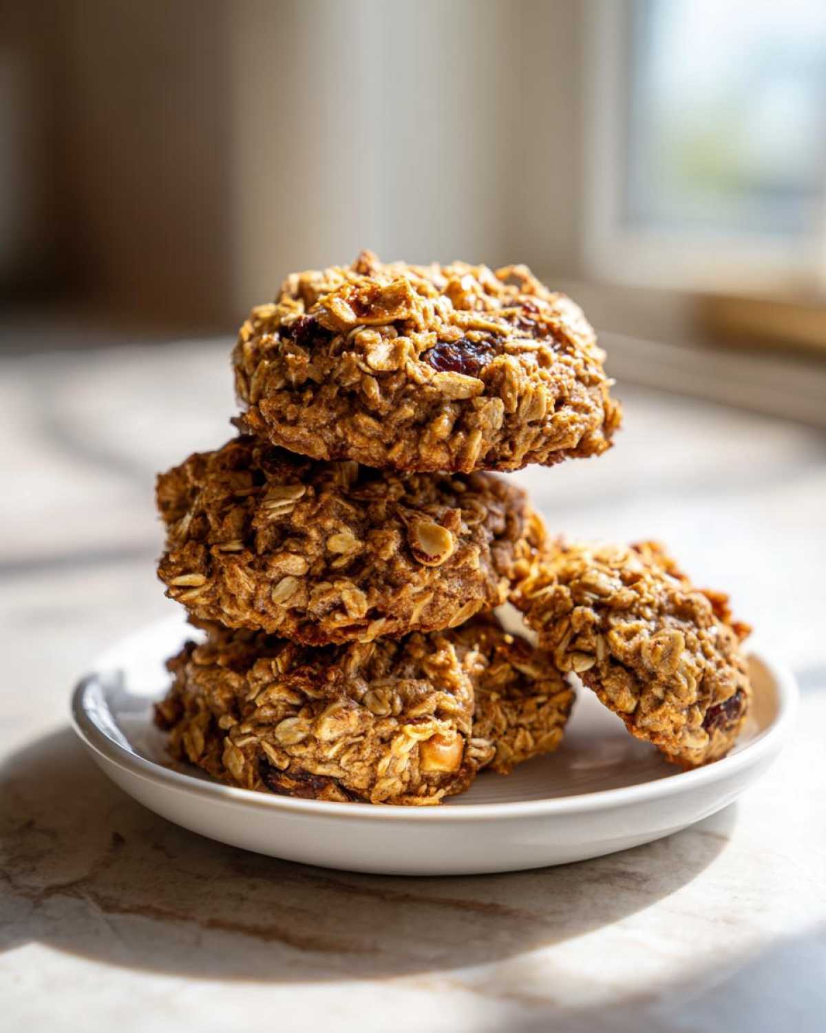 A stack of four hearty, textured breakfast cookie treats made with visible oats and dried fruit.
