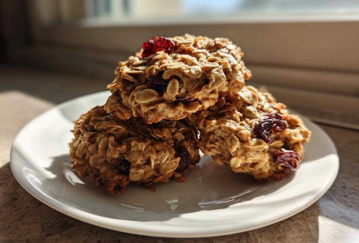 Three healthy oatmeal breakfast cookie treats stacked on a white plate, featuring visible oats and dried cranberries.