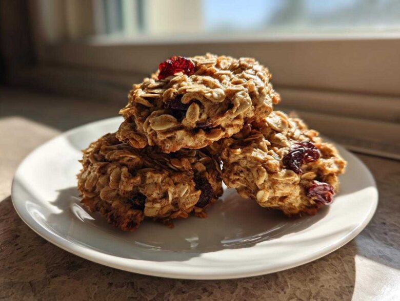 Three healthy oatmeal breakfast cookie treats stacked on a white plate, featuring visible oats and dried cranberries.