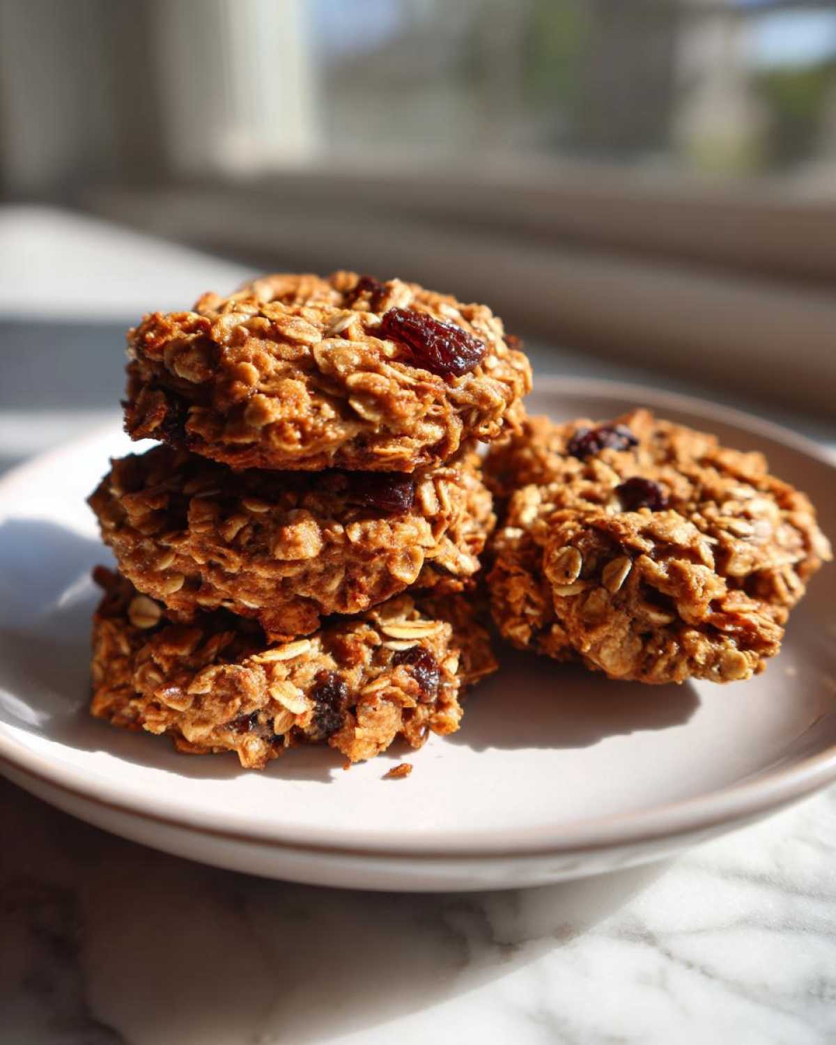 A stack of four homemade breakfast cookie treats made with oats and raisins, sitting on a light plate.