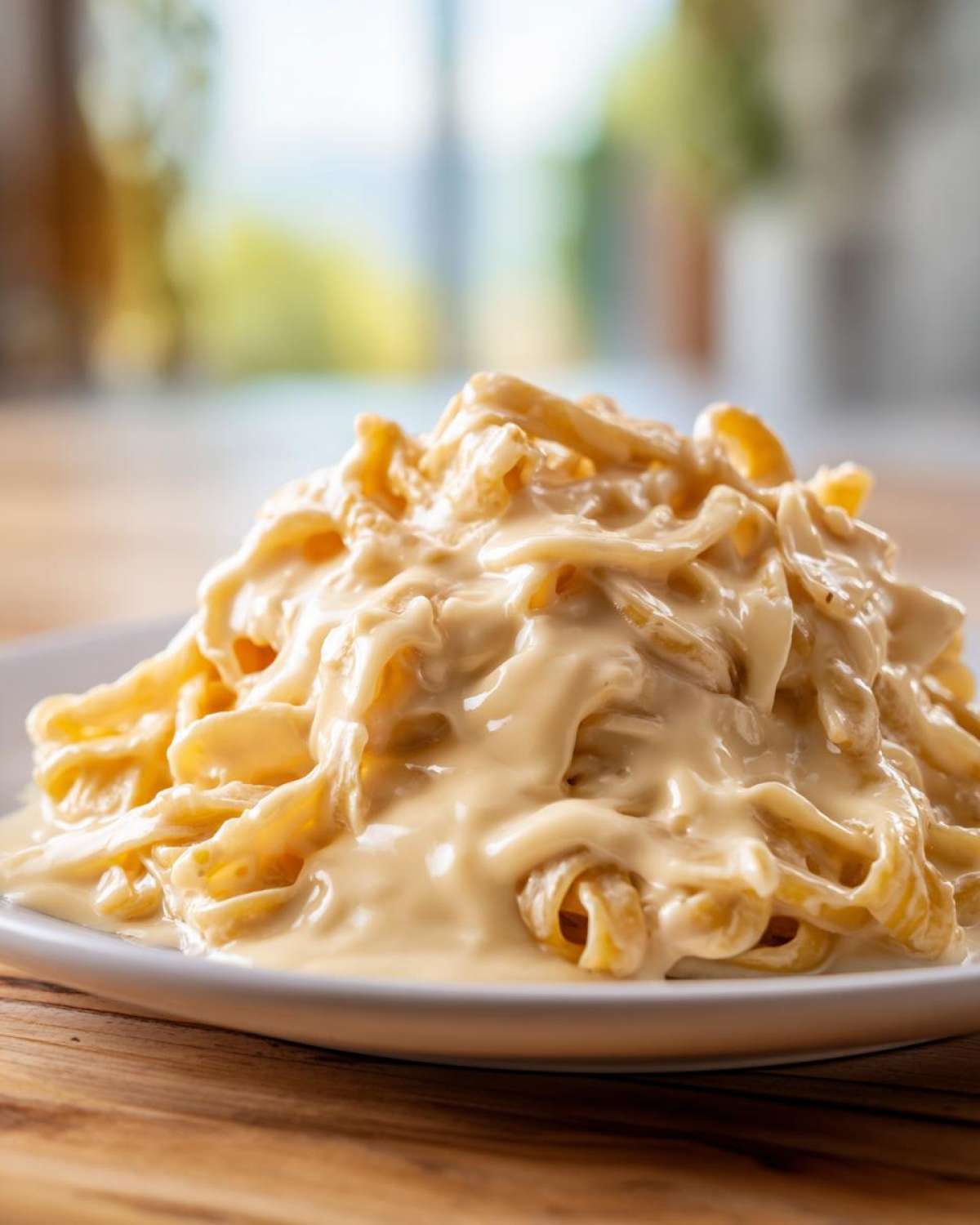 Close-up of fettuccine pasta generously coated in creamy Olive Garden Alfredo sauce on a white plate.