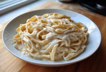 A close-up of fettuccine pasta generously coated in creamy Olive Garden Alfredo sauce in a white bowl.