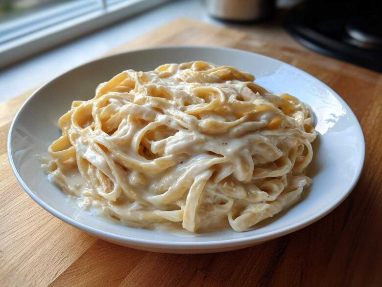A close-up of fettuccine pasta generously coated in creamy Olive Garden Alfredo sauce in a white bowl.