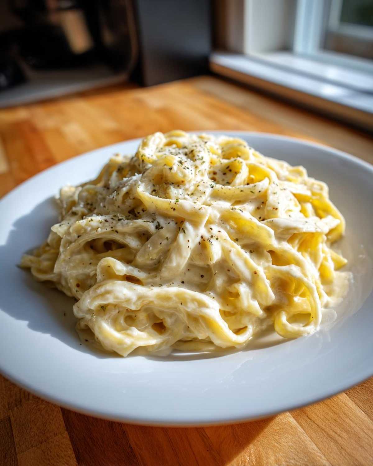 A close-up of fettuccine pasta coated in rich, creamy Olive Garden Alfredo sauce and sprinkled with herbs.