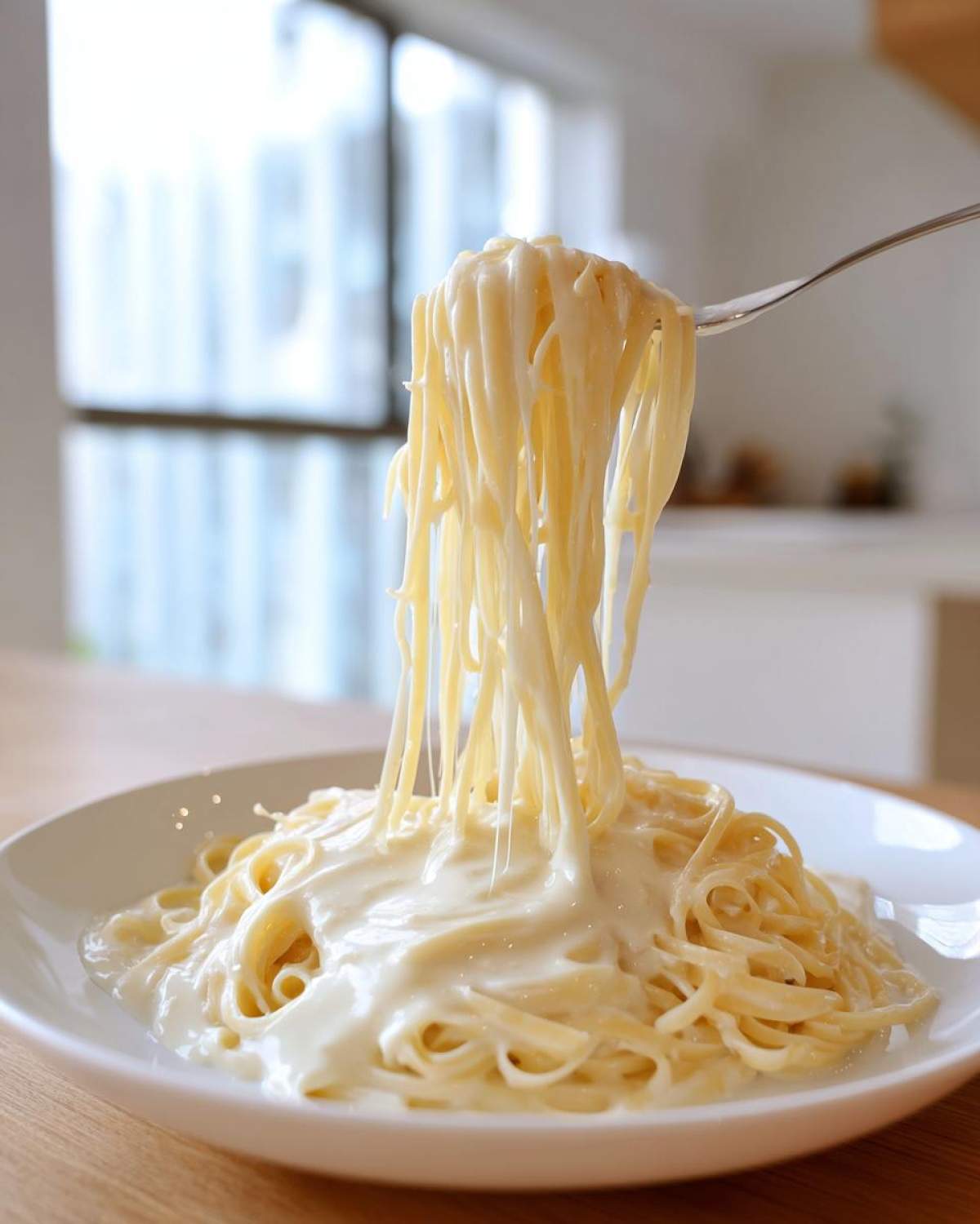 A fork lifts fettuccine coated in thick, creamy Olive Garden Alfredo Sauce from a white bowl.