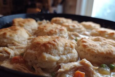 Close-up of golden baked biscuits topping a creamy chicken and dumpling stew with visible carrots and peas.