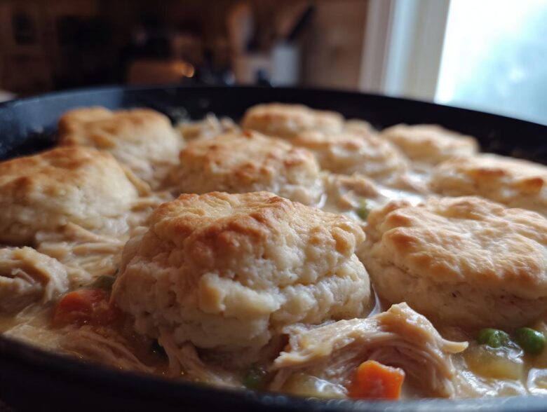 Close-up of golden baked biscuits topping a creamy chicken and dumpling stew with visible carrots and peas.