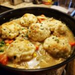 Close-up of a rich, creamy chicken and dumpling stew topped with fluffy, browned dumplings.