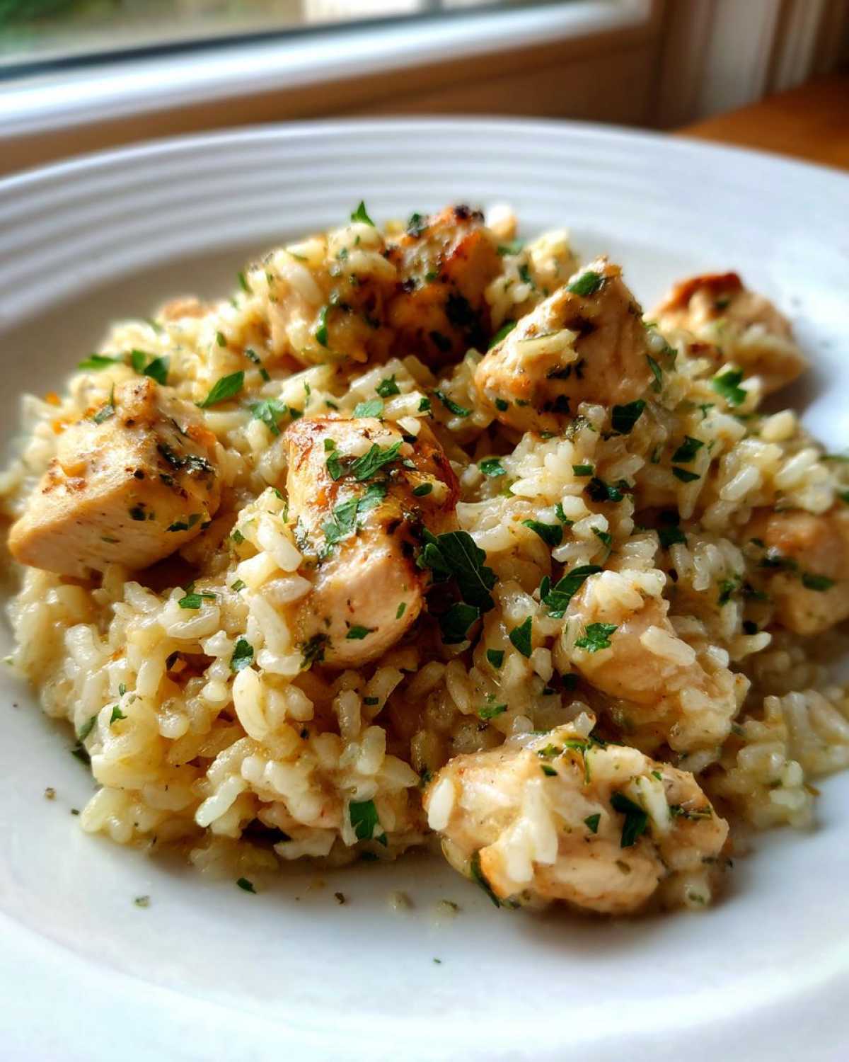 A close-up of a serving of creamy one pot chicken and rice topped with fresh parsley.