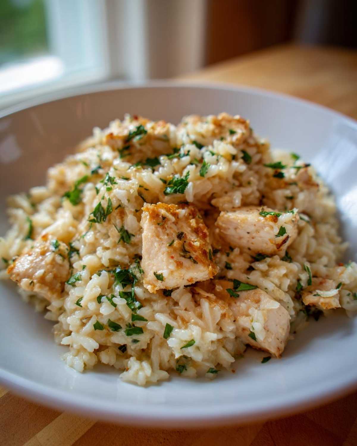 Close-up of a white bowl filled with creamy one pot chicken and rice, topped with browned chicken pieces and fresh parsley.