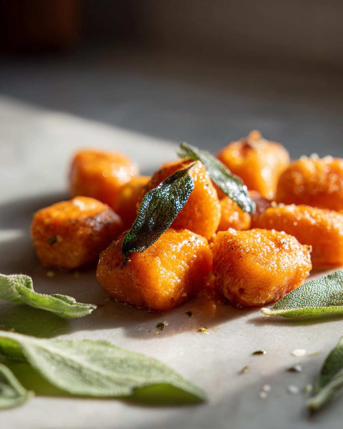 Close-up of golden-brown sweet potato gnocchi tossed in butter and garnished with fresh sage leaves.