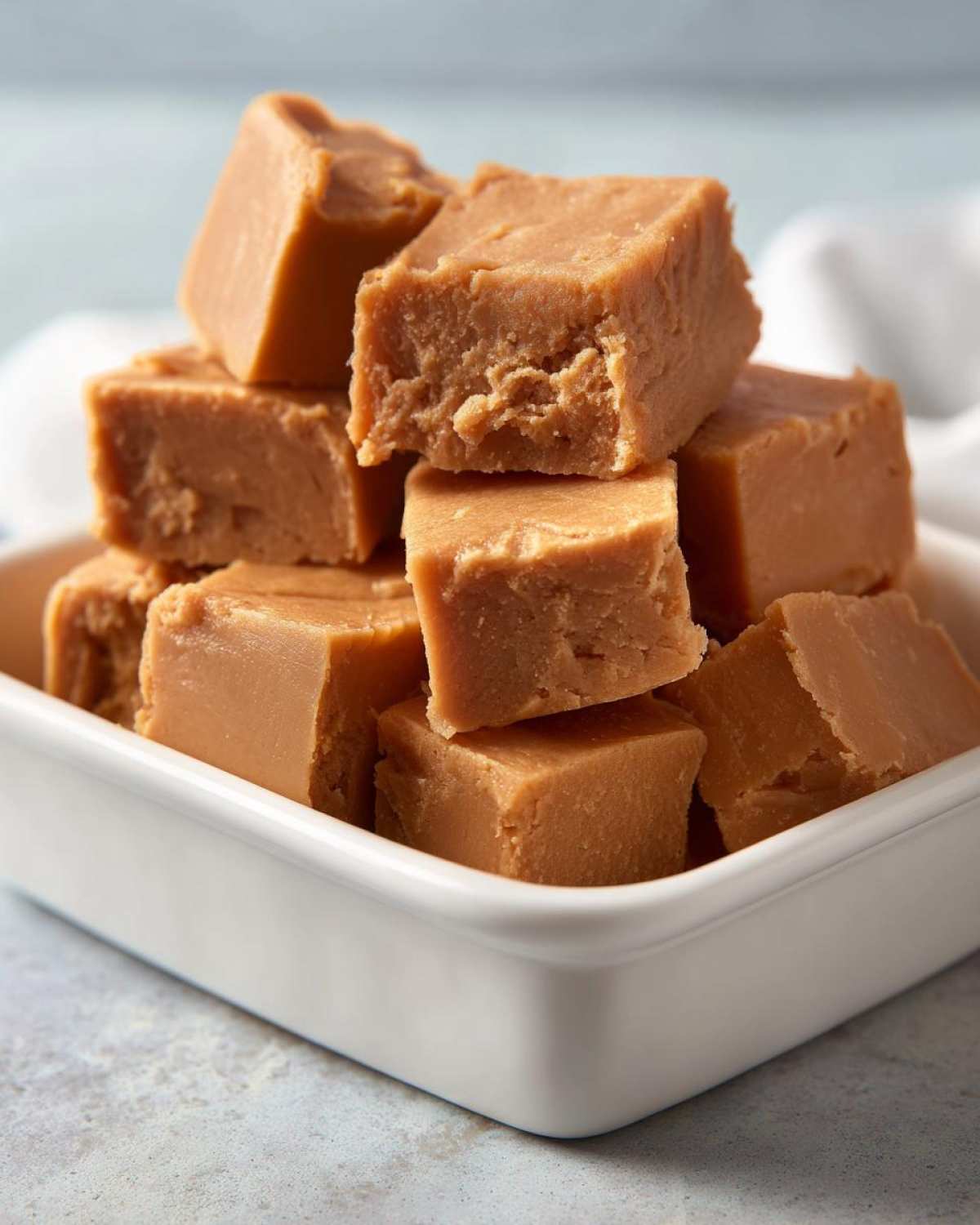 A stack of creamy, light brown penuche fudge squares piled high in a small white ceramic dish.