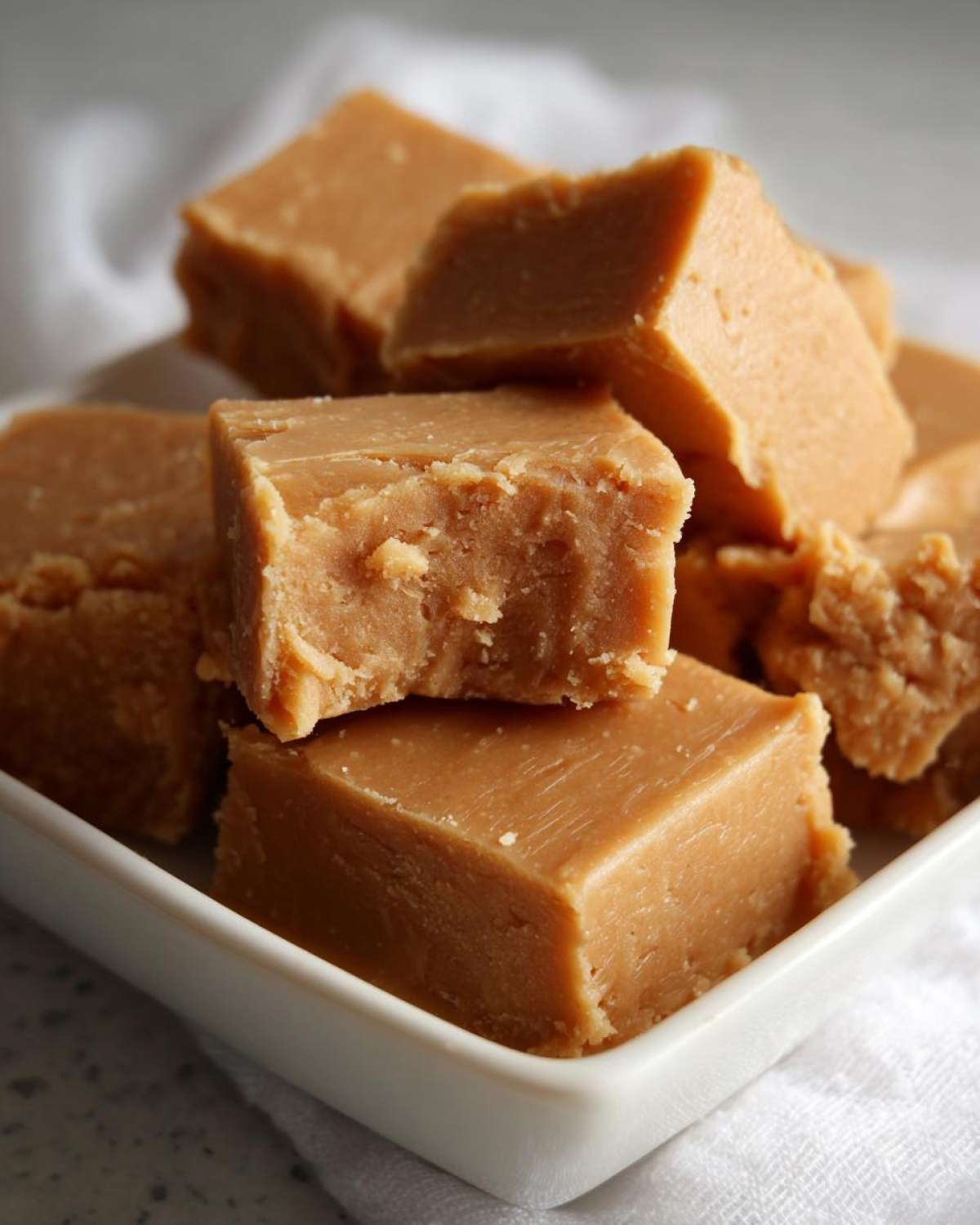 Close-up of creamy, light brown squares of penuche fudge stacked in a white dish.