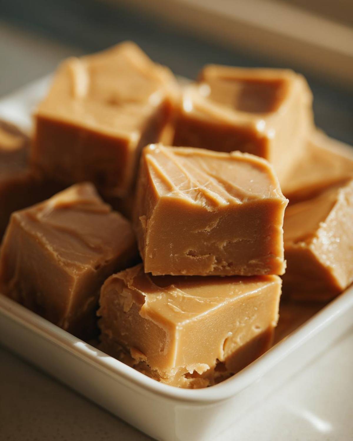 Close-up of creamy, light brown squares of penuche fudge stacked in a white dish.