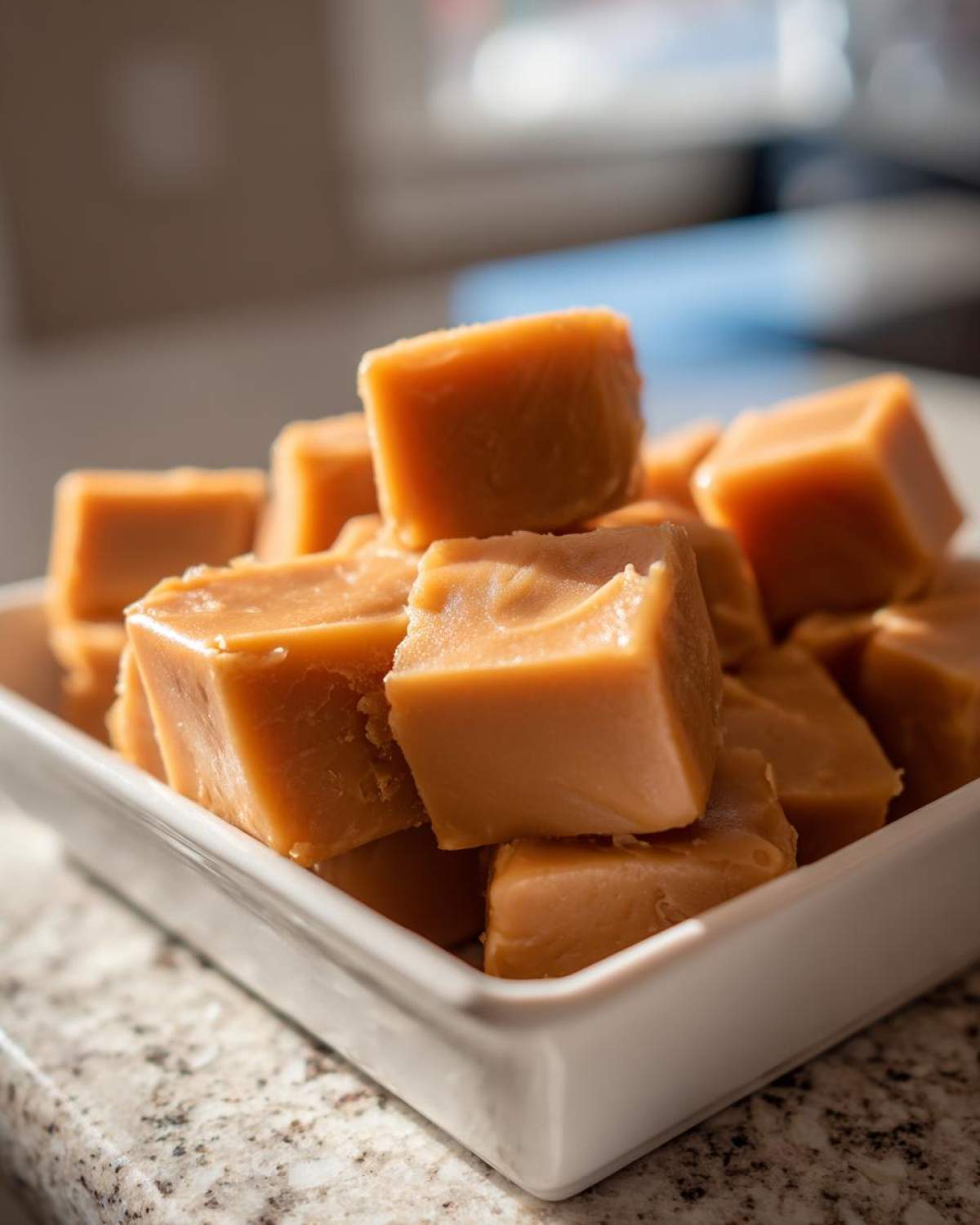 Close-up of light brown, creamy squares of homemade penuche fudge stacked in a white dish.