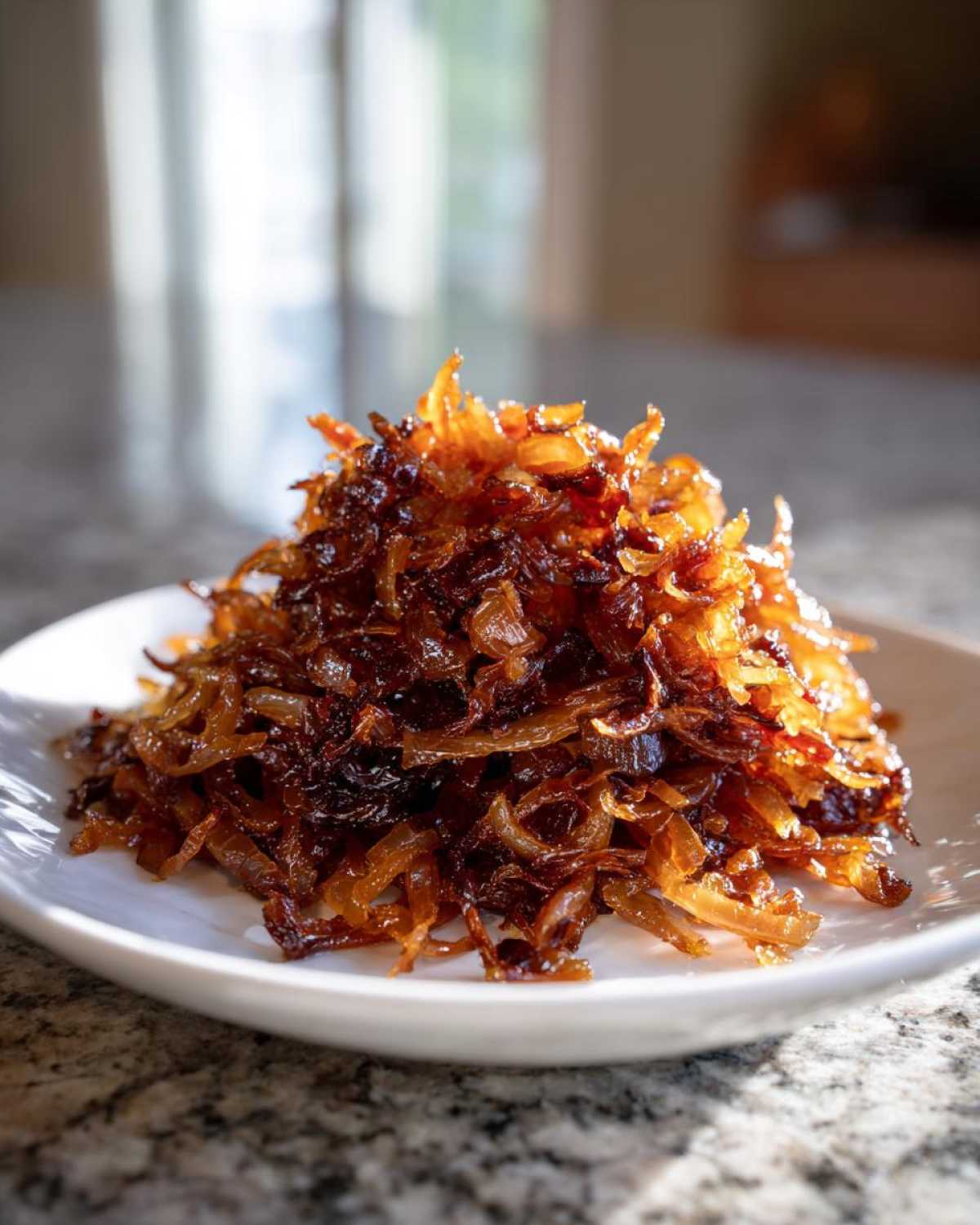A close-up of a mound of deeply browned, glossy caramelized onions served on a small white plate.