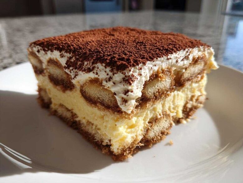 A close-up view of a perfect slice of homemade tiramisu recipe, layered with cream and dusted heavily with cocoa powder.