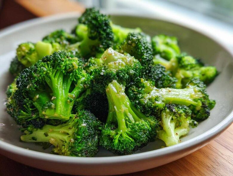 Close-up of bright green, perfectly steamed broccoli florets seasoned with pepper and salt in a light gray bowl.