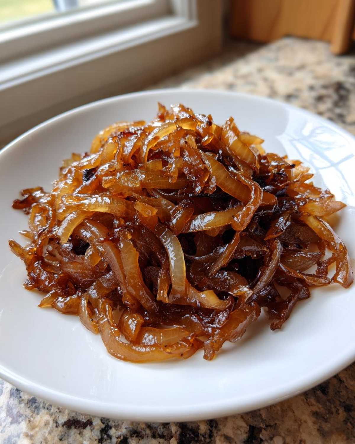 A close-up of rich, dark brown caramelized onions piled high on a small white plate.