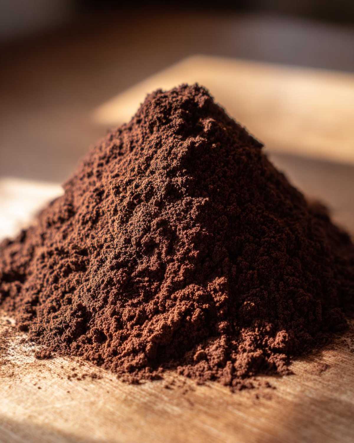 Close-up of a mound of dark brown powder, representing ingredients for hot cocoa mix, sitting on a wooden surface.