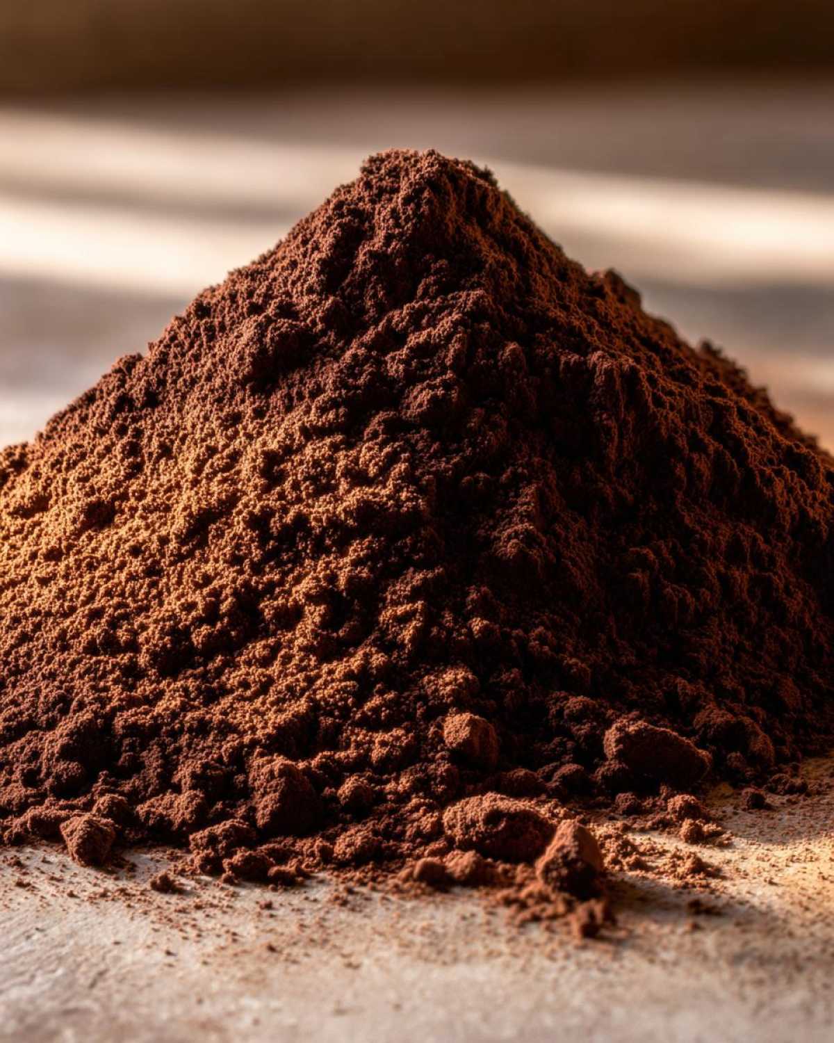 Close-up of a mound of dark brown, rich hot cocoa mix powder on a surface.
