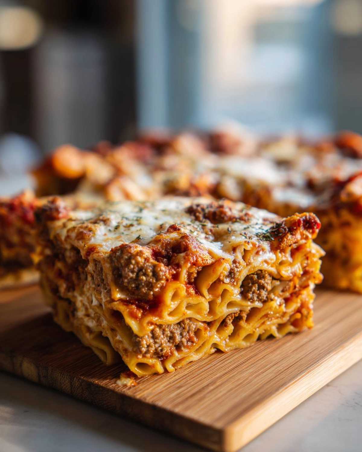 Close-up of a thick slice of layered pizza casserole with meat sauce and melted cheese.
