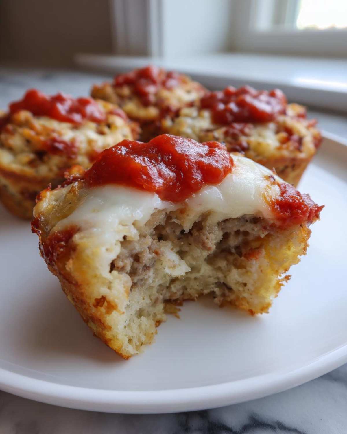 A close-up of one of the amazing 15-Minute Pizza Muffins with a bite taken out, showing the savory filling, melted mozzarella, and tomato sauce.