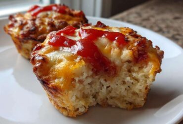 A close-up shot showing a bite taken out of one of the amazing 15-minute Pizza Muffins, topped with melted cheese and a dollop of ketchup.