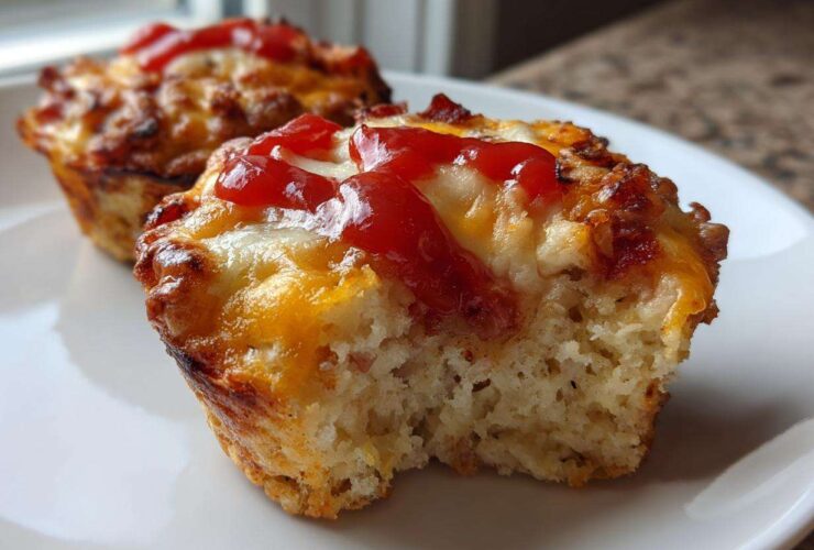 A close-up shot showing a bite taken out of one of the amazing 15-minute Pizza Muffins, topped with melted cheese and a dollop of ketchup.