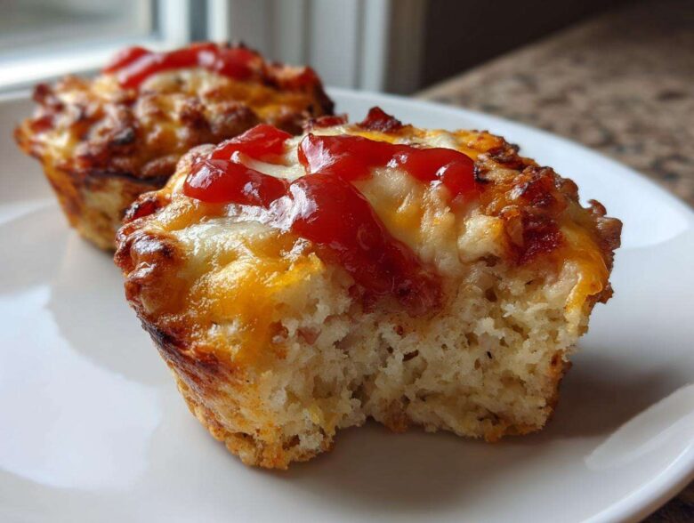 A close-up shot showing a bite taken out of one of the amazing 15-minute Pizza Muffins, topped with melted cheese and a dollop of ketchup.