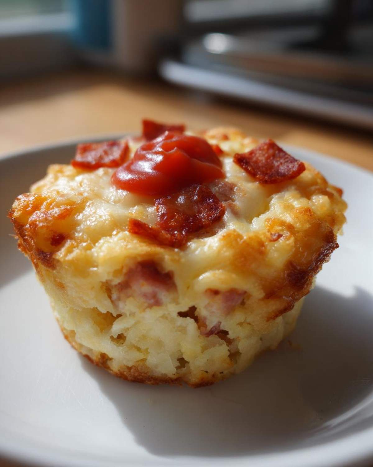 A single, golden-brown pizza muffin topped with melted cheese, pepperoni pieces, and a dollop of sauce.