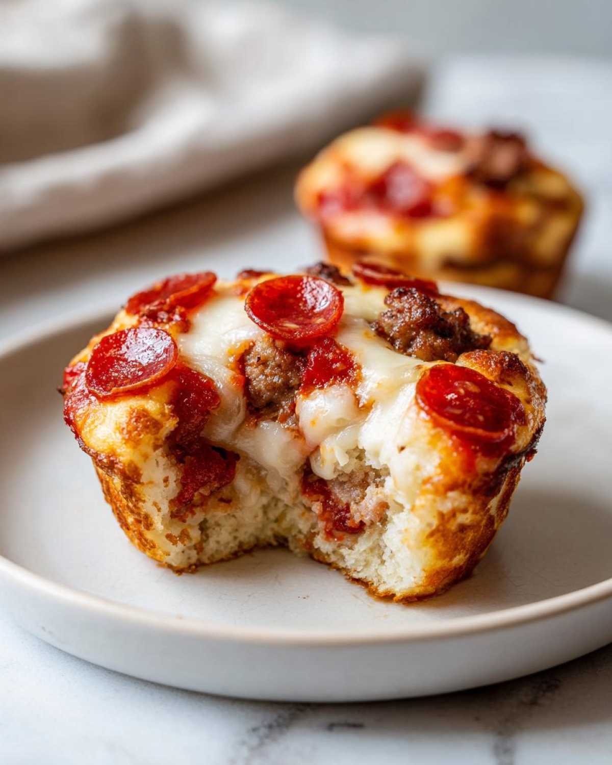 A close-up of a Pizza Muffins with a bite taken out, showing melted cheese, pepperoni, and sausage filling.