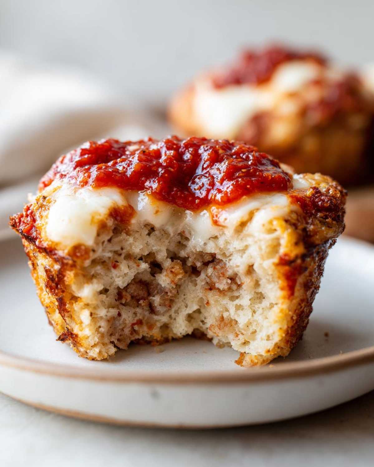 A close-up of a Pizza Muffin with a bite taken out, showing melted cheese, marinara sauce, and sausage filling inside.