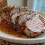 Close-up of a perfectly cooked pork loin roast, sliced to show pink center, resting in pan juices.