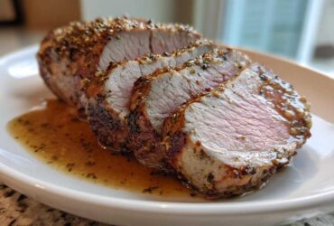 Close-up of a perfectly cooked pork loin roast, sliced to show pink center, resting in pan juices.