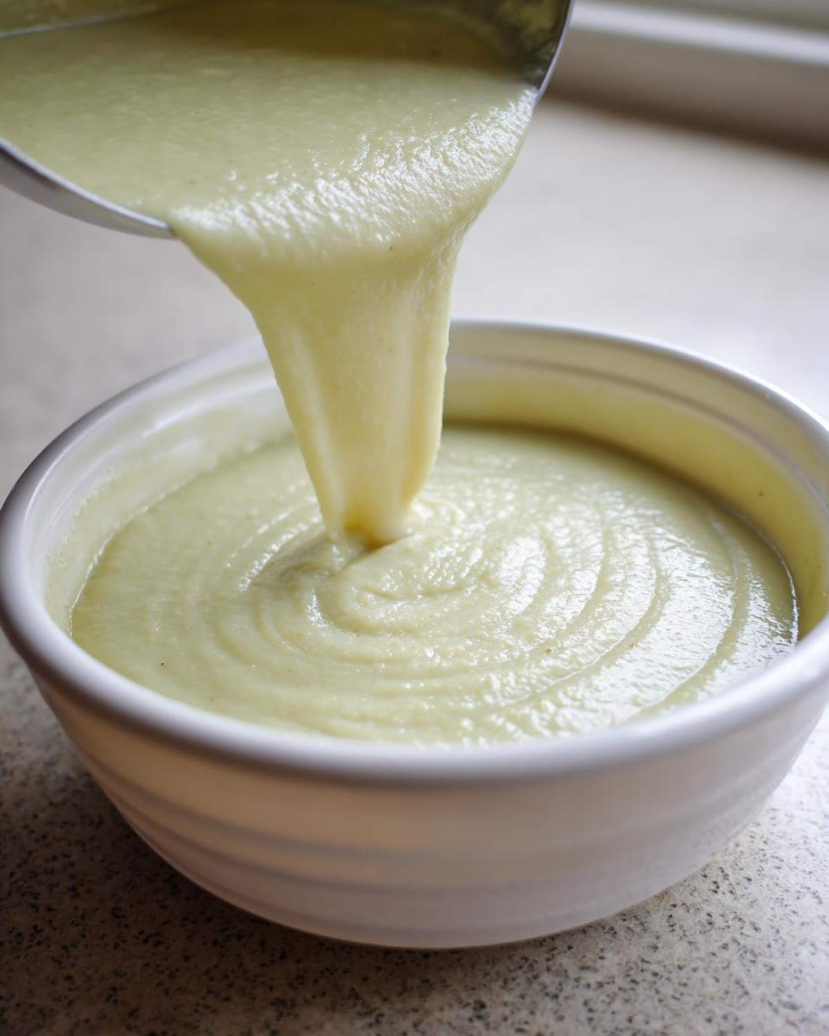 Close-up of thick, creamy leek soup being poured from a ladle into a white bowl.