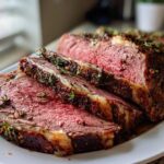 Close-up of thick slices of medium-rare prime rib recipe roast with a dark herb crust.