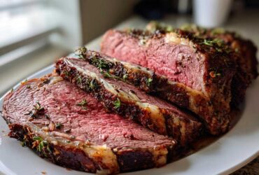 Close-up of thick slices of medium-rare prime rib recipe roast with a dark herb crust.