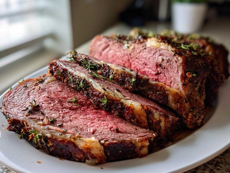 Close-up of thick slices of medium-rare prime rib recipe roast with a dark herb crust.