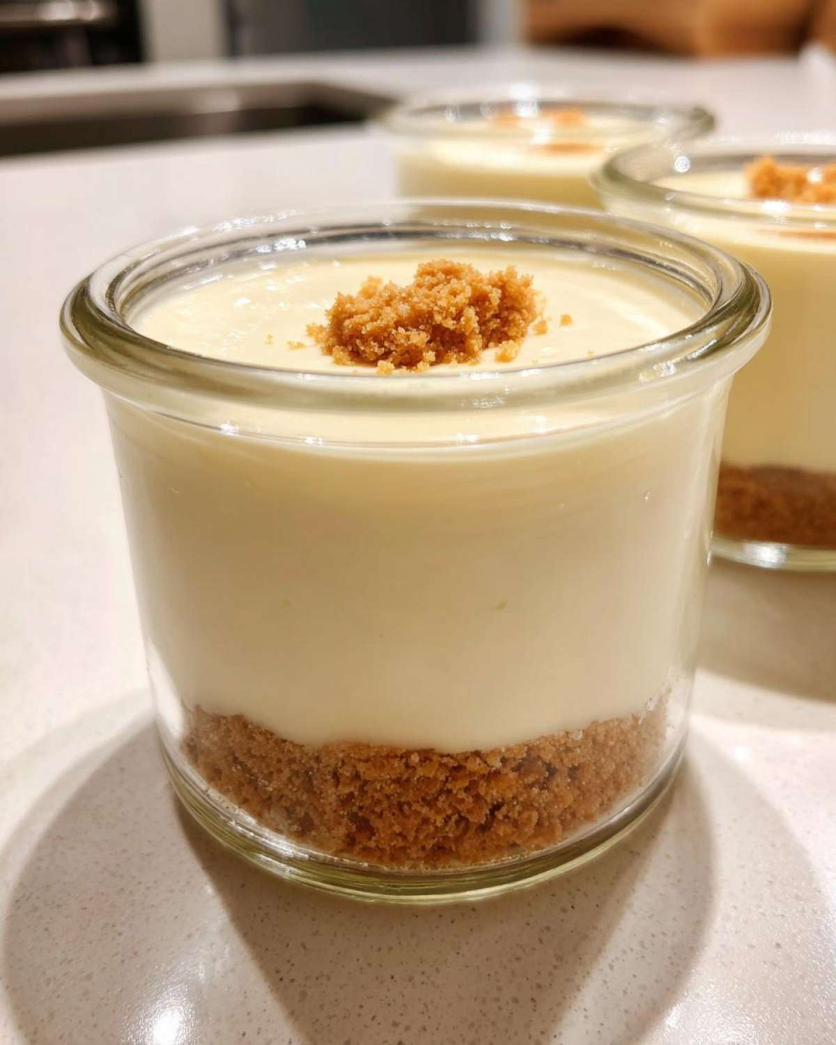 Close-up of a single serving Protein Cheesecake layered in a glass jar with a graham cracker crust and crumb topping.