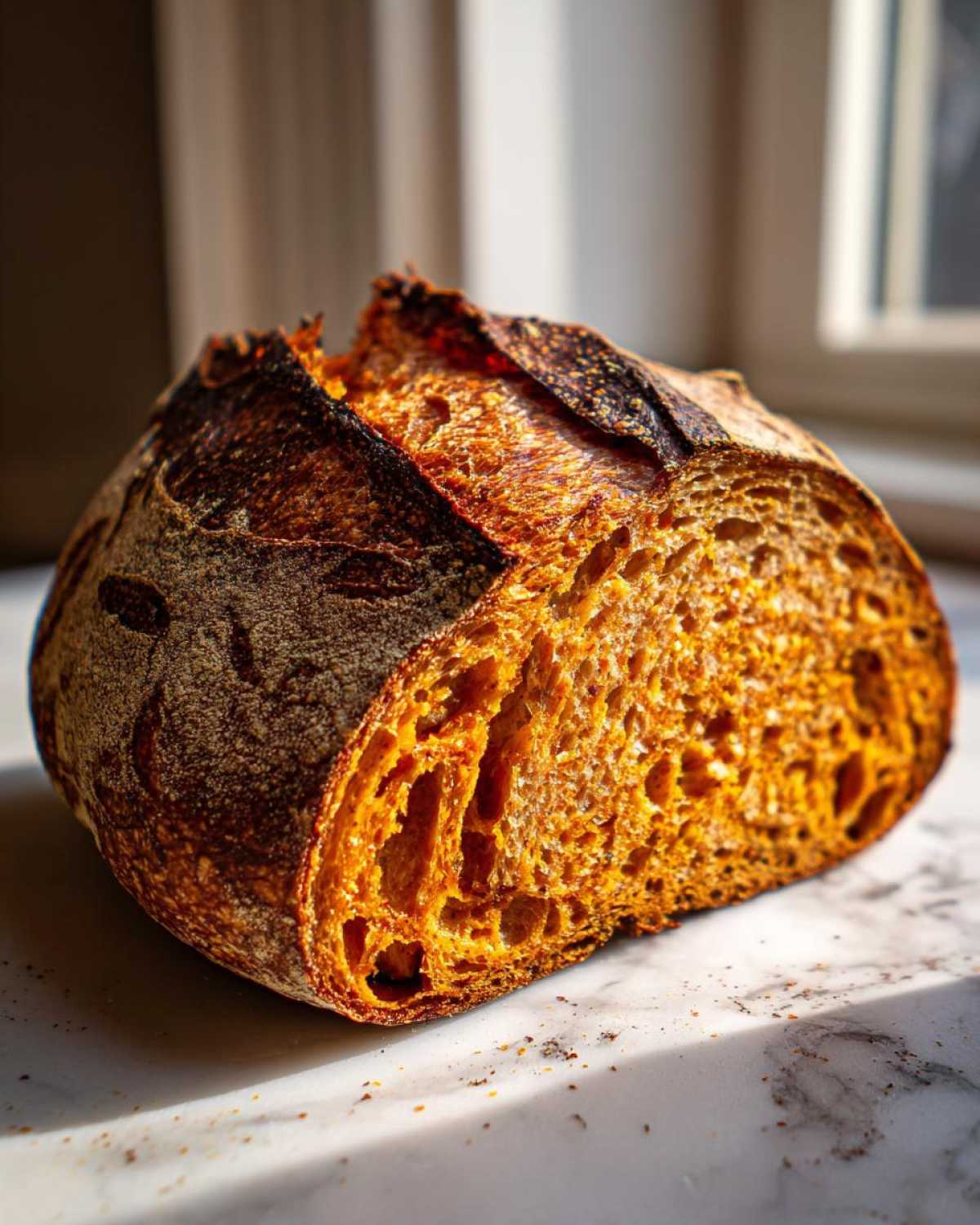 A close-up view of a freshly baked pumpkin sourdough loaf, showing its dark, blistered crust and open, vibrant orange crumb.