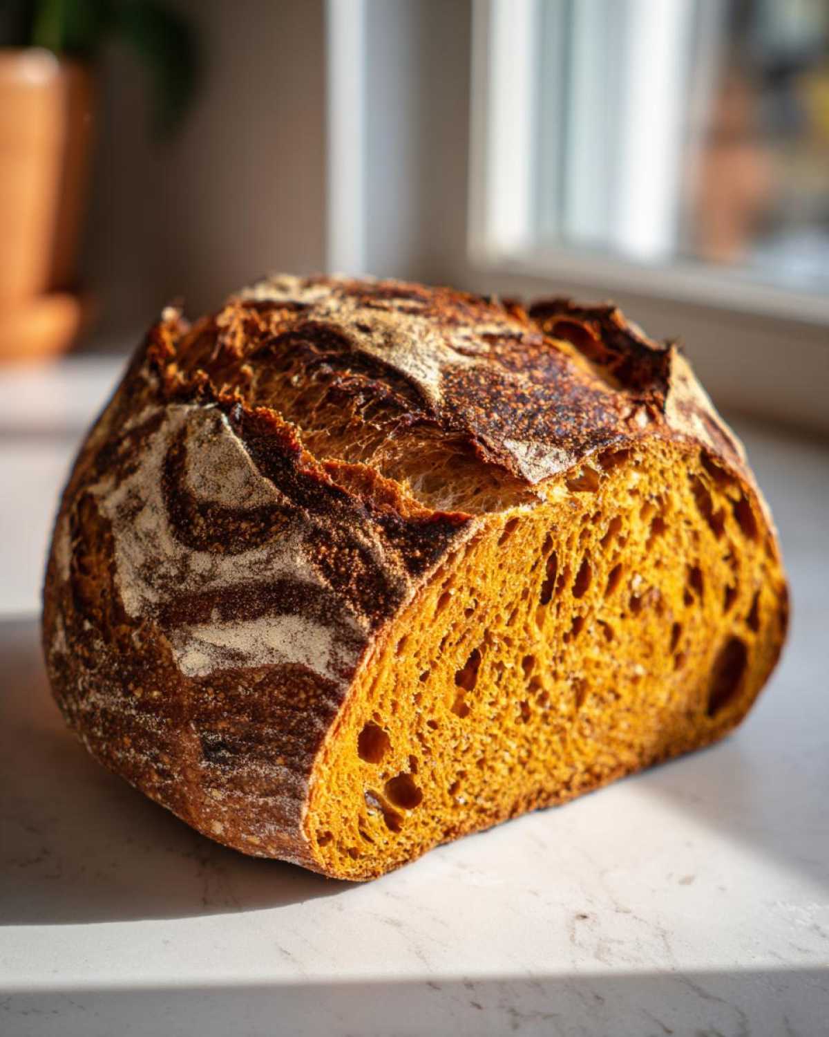 Close-up of a freshly baked pumpkin sourdough loaf, showing the dark, blistered crust and the vibrant orange, open crumb structure.