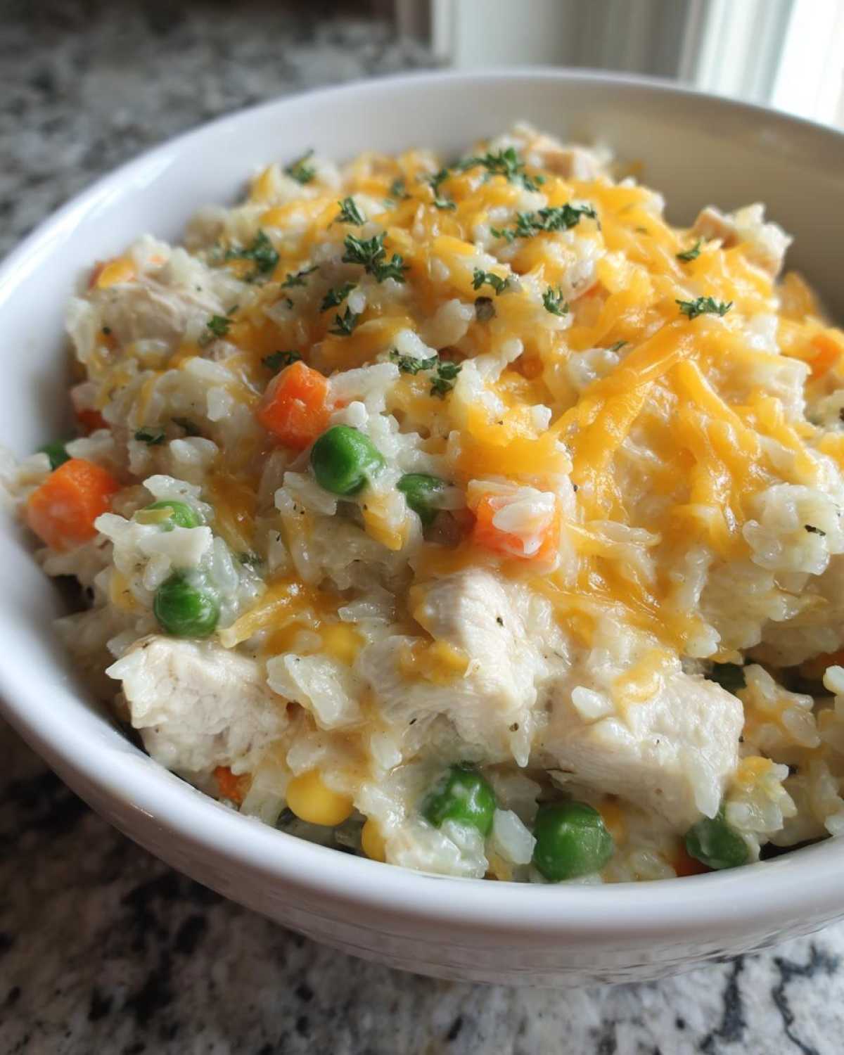 Close-up of a white bowl filled with creamy chicken and rice mixed with peas and carrots, topped with melted cheddar cheese.