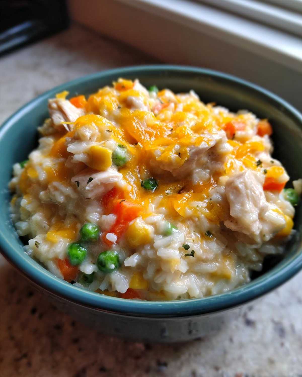 Close-up of a bowl filled with creamy chicken and rice mixed with peas, carrots, and topped with melted cheddar cheese.