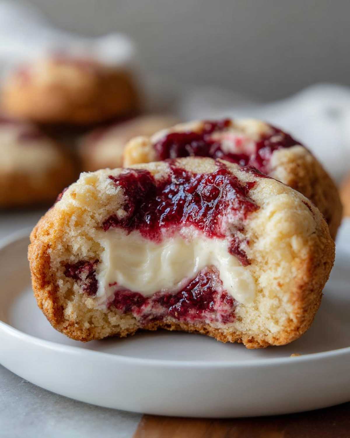 Close-up of a raspberry cheesecake cookies cut in half showing creamy white filling and bright red raspberry jam.
