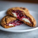 Close-up of a soft raspberry cheesecake cookie cut in half, showing the gooey raspberry filling and cream cheese center.